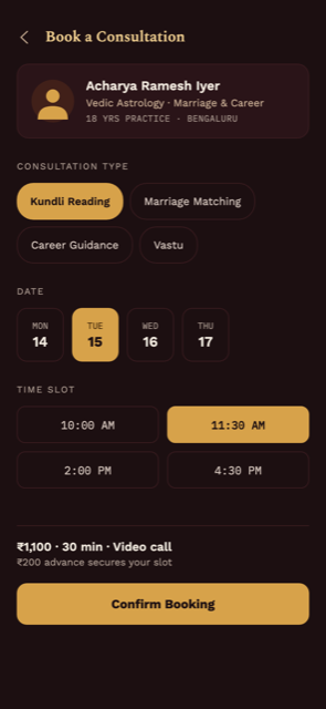 Consultation booking flow screen for a sample Vedic astrology practice