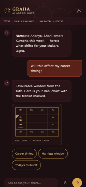 AI astrologer chat app screen for a sample Vedic astrology practice