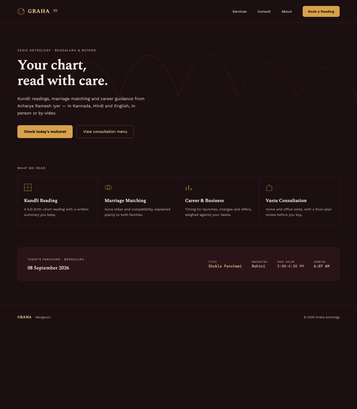 Practice website homepage for a sample Vedic astrology practice